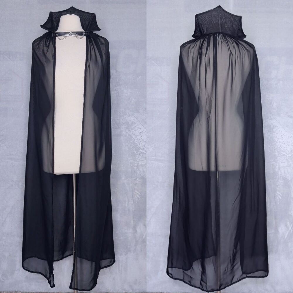 SPIRIT HALLOWEEN Sheer Black Vampire Cape Size S Standing Collar Bat Chain Goth
